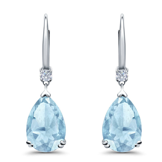 Pear Shape Dangling Leverback Earrings Wedding Simulated Aquamarine CZ (22mm)