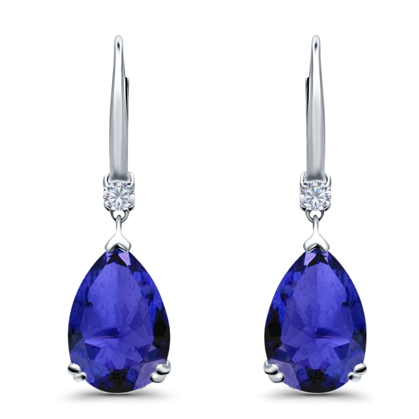 Pear Shape Dangling Leverback Earrings Wedding Simulated Blue Sapphire CZ (22mm)