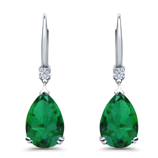 Pear Shape Dangling Leverback Earrings Wedding Simulated Green Emerald CZ (22mm)