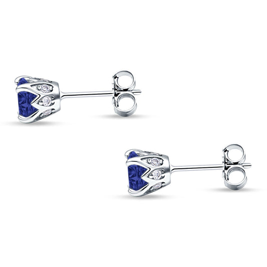 Round Hidden Halo Stud Earring Simulated Blue Sapphire