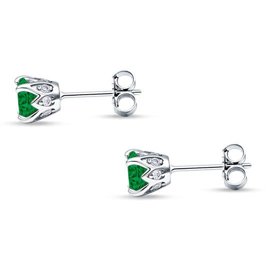 Round Hidden Halo Stud Earring Simulated Green Emerald