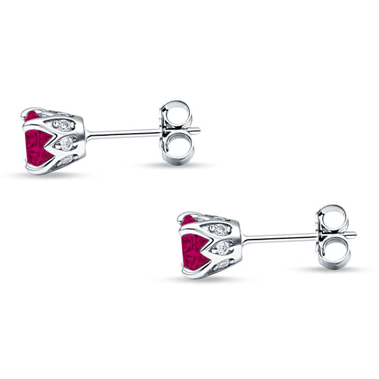 Round Hidden Halo Stud Earring Simulated Ruby