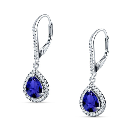 Pear Teardrop Earrings Simulated Blue Sapphire