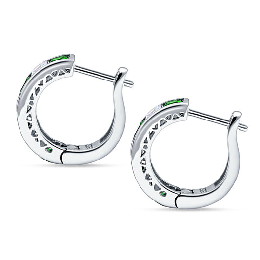 Minimalist Princess Huggie Hoop Earrings Simulated Green Emerald