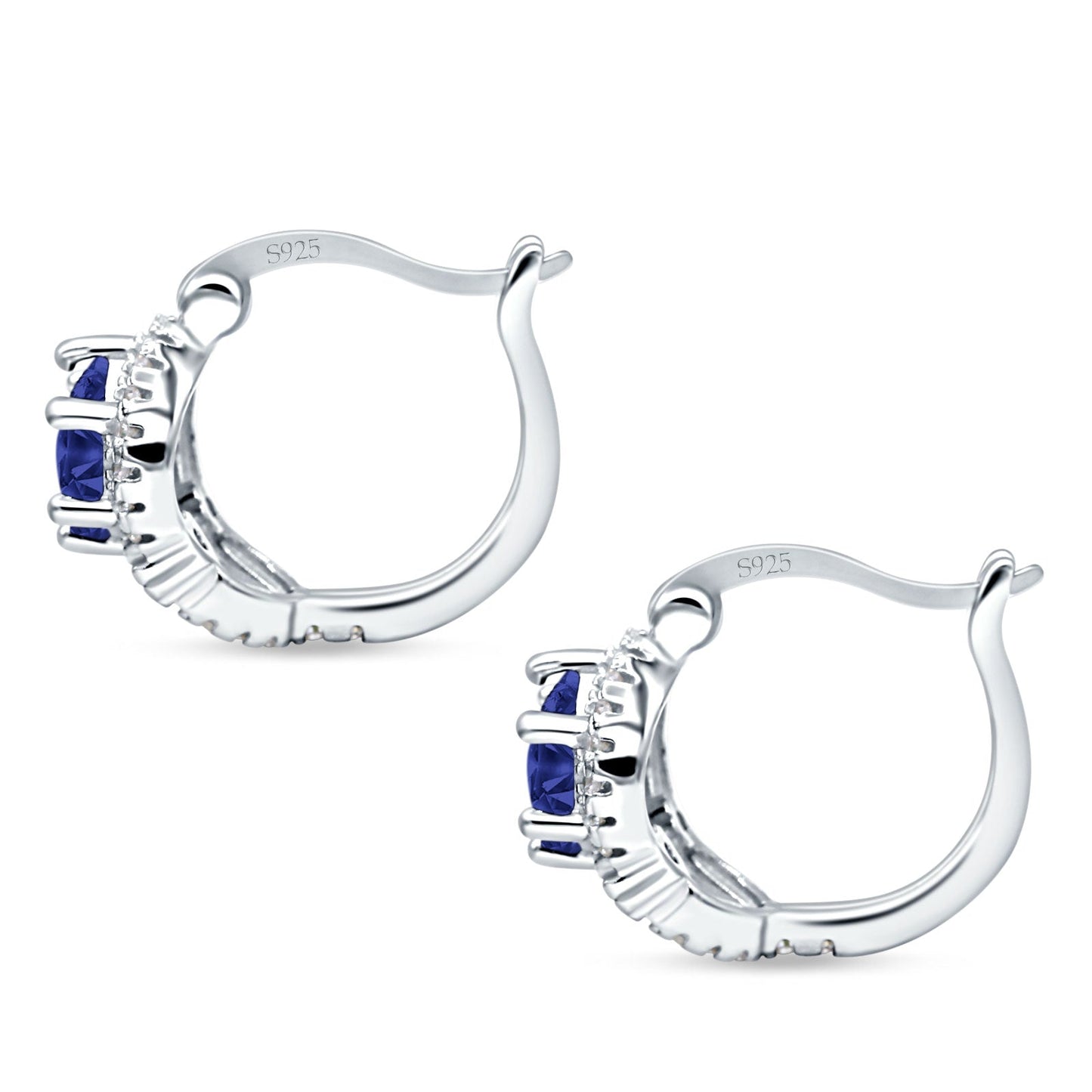 Halo Round Huggie Hoop Earrings Simulated Blue Sapphire