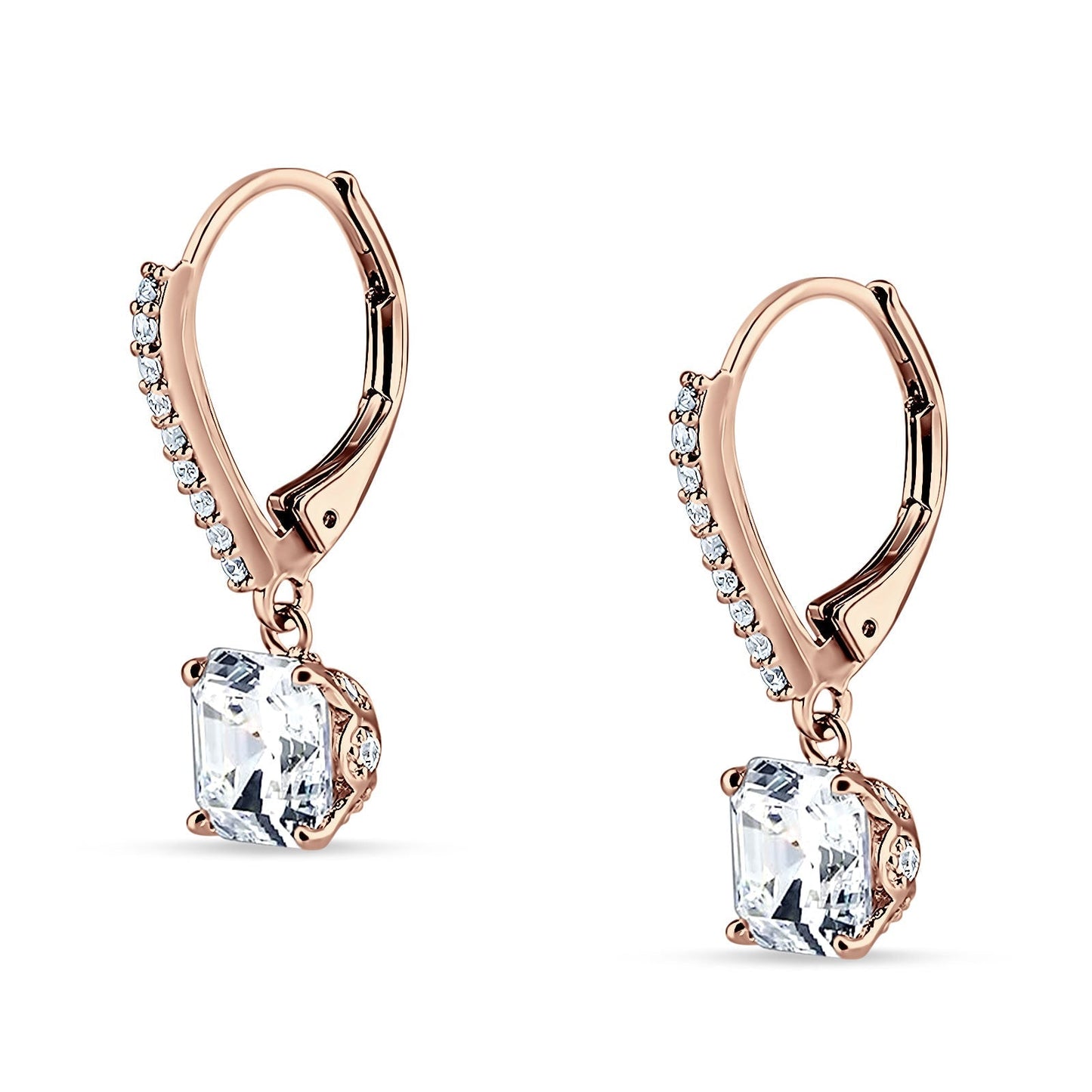 Asscher Cut Rose Tone, Cubic Zirconia Leverback Earrings