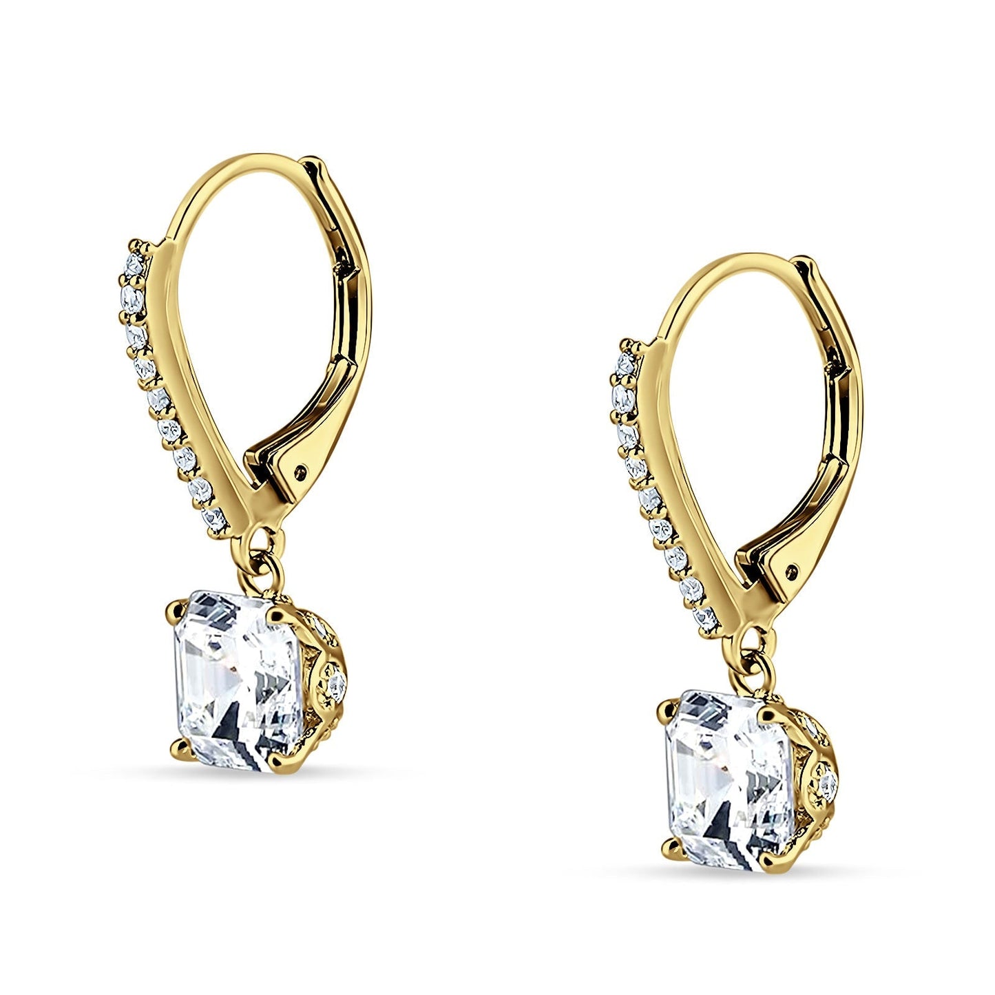 Asscher Cut Yellow Tone, Cubic Zirconia Leverback Earrings