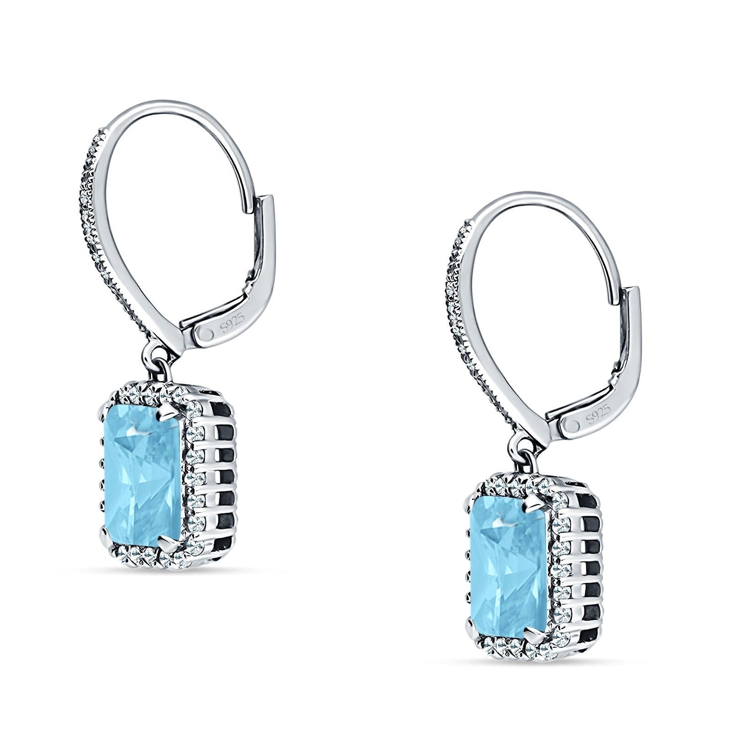 Emerald Cut Leverback Earrings Simulated Aquamarine