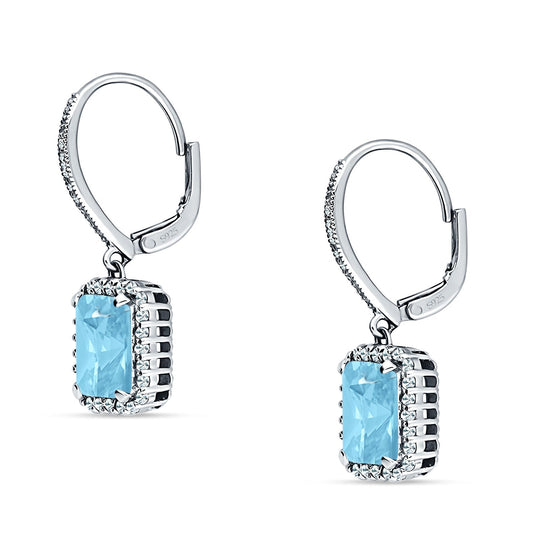 Emerald Cut Leverback Earrings Simulated Aquamarine