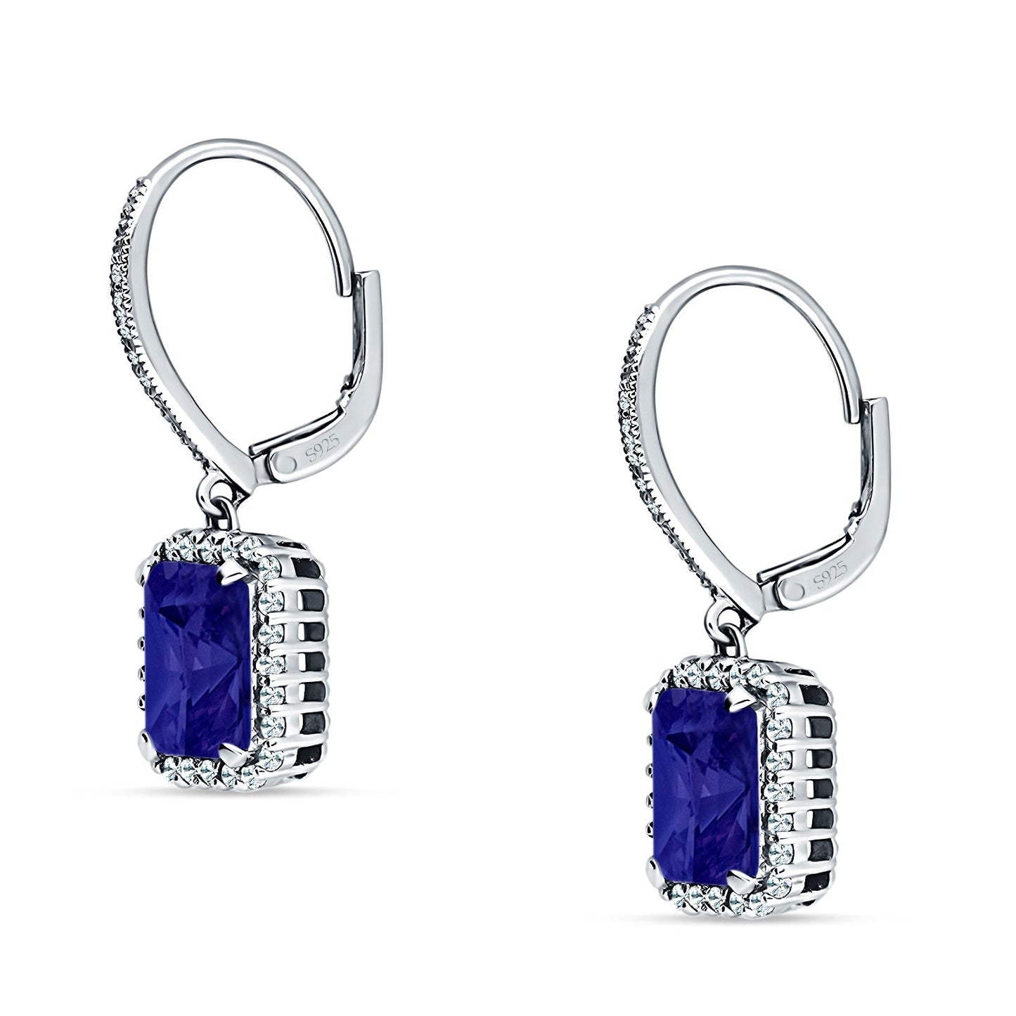 Emerald Cut Leverback Earrings Simulated Blue Sapphire