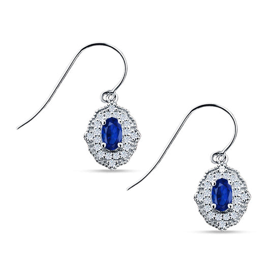 Halo Oval Fishhook Earring Simulated Blue Sapphire