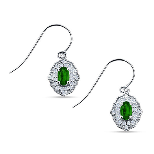 Halo Oval Fishhook Earring Simulated Green Emerald