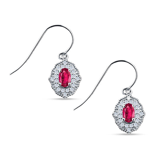 Halo Oval Fishhook Earring Simulated Ruby