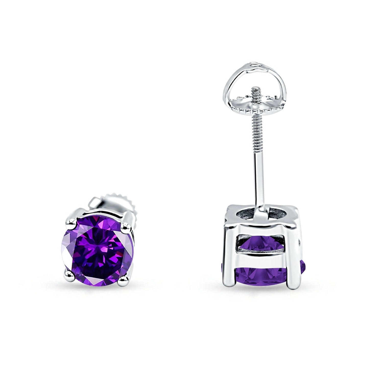 Solitaire Screw Back Stud Earring Brilliant Round Simulated Amethyst CZ