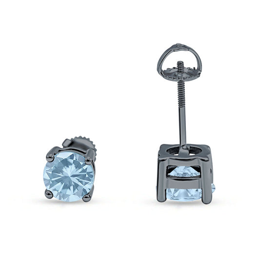 Solitaire Stud Earring Brilliant Round Simulated Aquamarine Black Tone