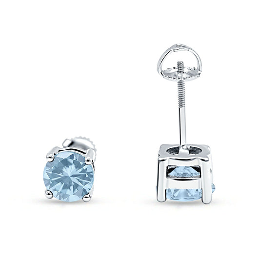 Solitaire Screw Back Stud Earring Brilliant Round Simulated Aquamarine CZ