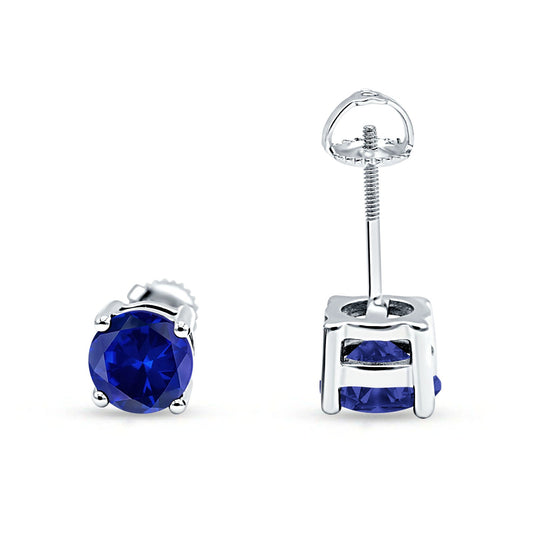 Solitaire Brilliant Round Simulated Blue Sapphire CZ Screw Back Stud Earring