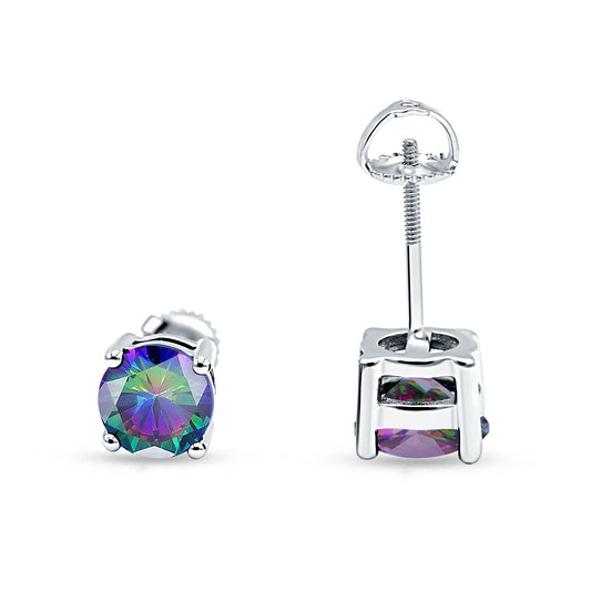 Solitaire Brilliant Round Simulated Rainbow CZ Screw Back Stud Earring