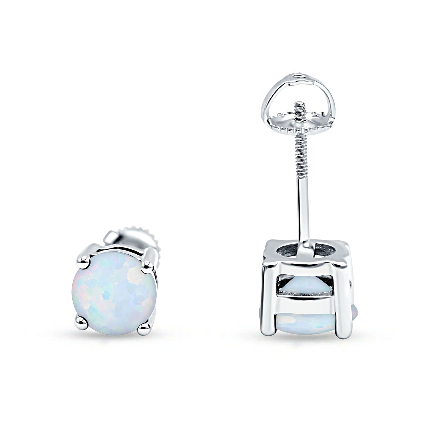 Solitaire Screw Back Stud Earring Brilliant Round Lab Created White Opal