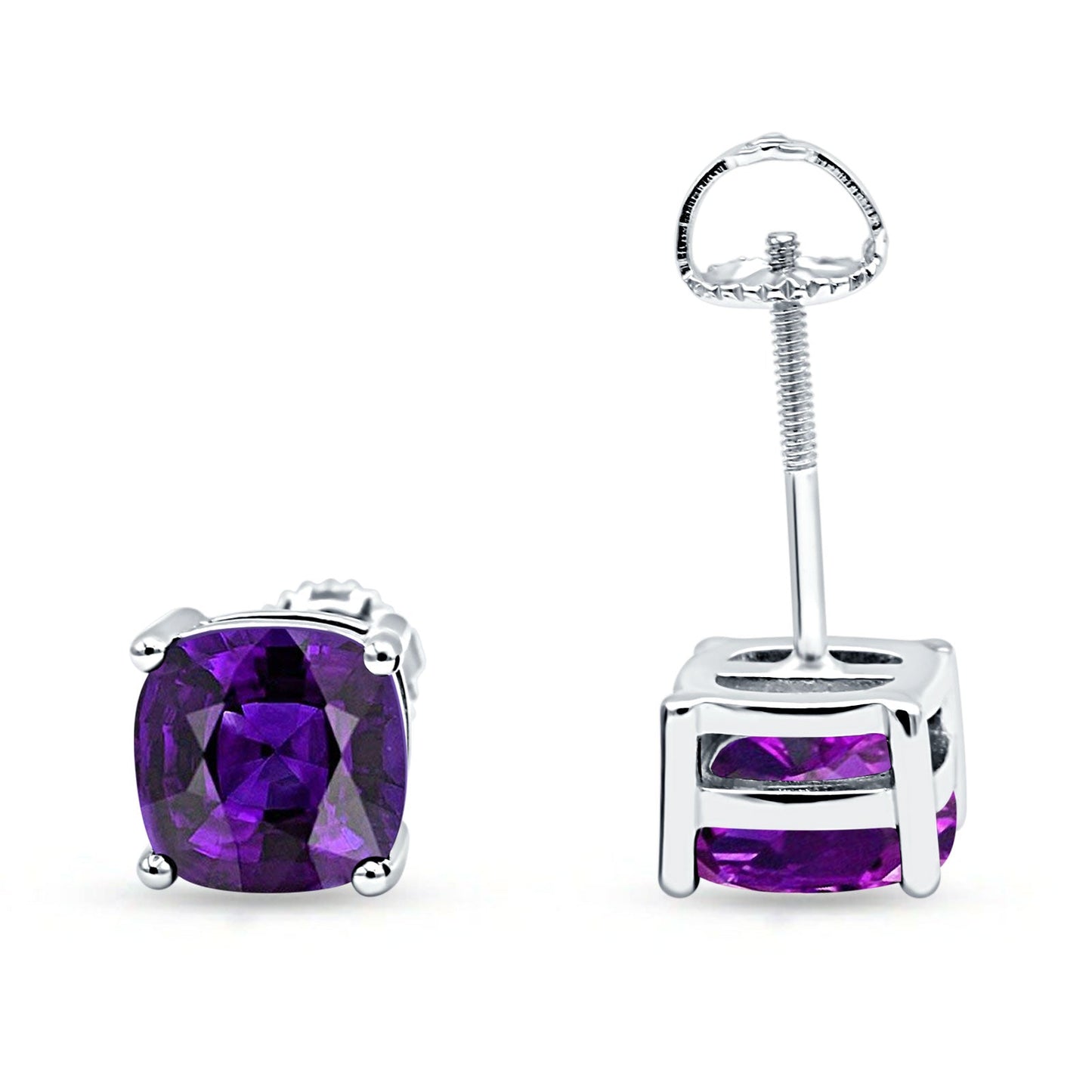 Solitaire Screw Back Stud Earring Excellent Cushion Cut Simulated Amethyst CZ