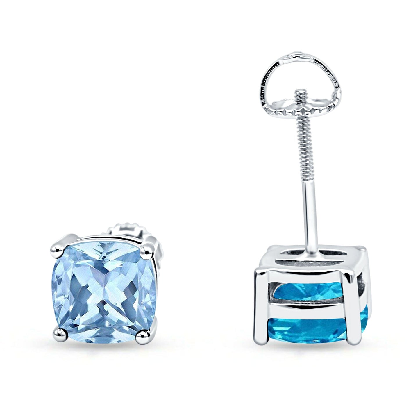 Solitaire Screw Back Stud Earring Excellent Cushion Cut Simulated Aquamarine CZ