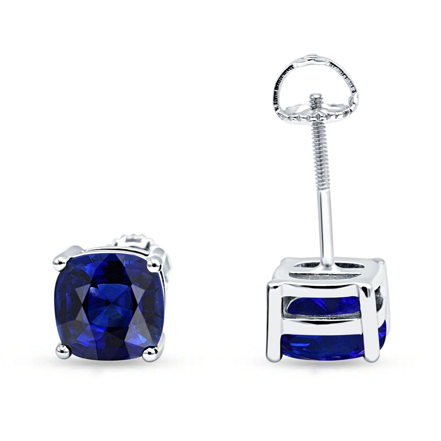 Solitaire Screw Back Stud Earring Excellent Cushion Cut Simulated Blue Sapphire CZ