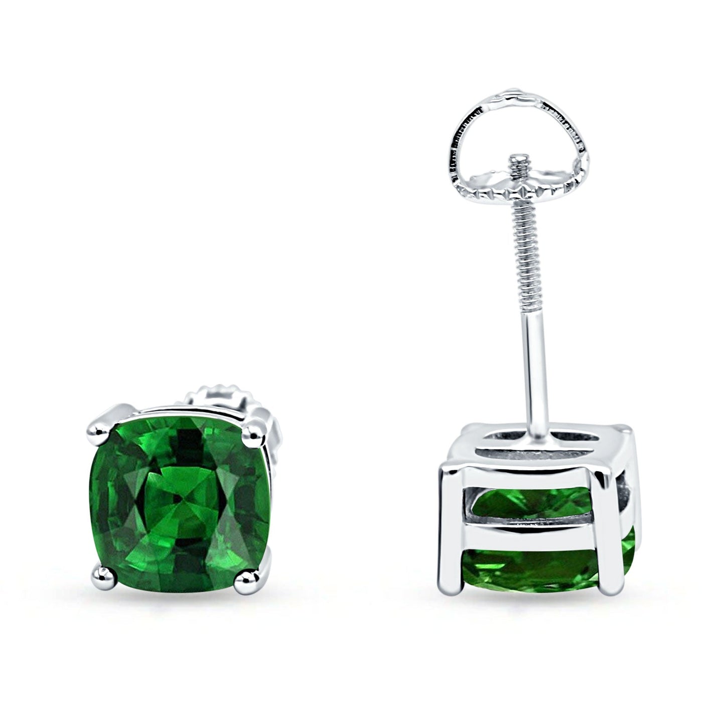 Solitaire Screw Back Stud Earring Excellent Cushion Cut Simulated Green Emerald CZ