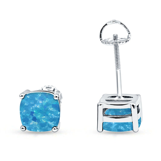 Cushion Stud Solitaire Lab Created Blue Opal Earring