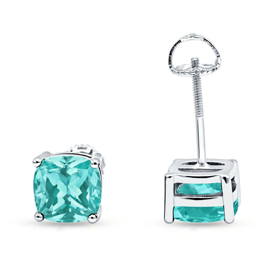 Cushion Stud Earring Solitaire Simulated Paraiba Tourmaline