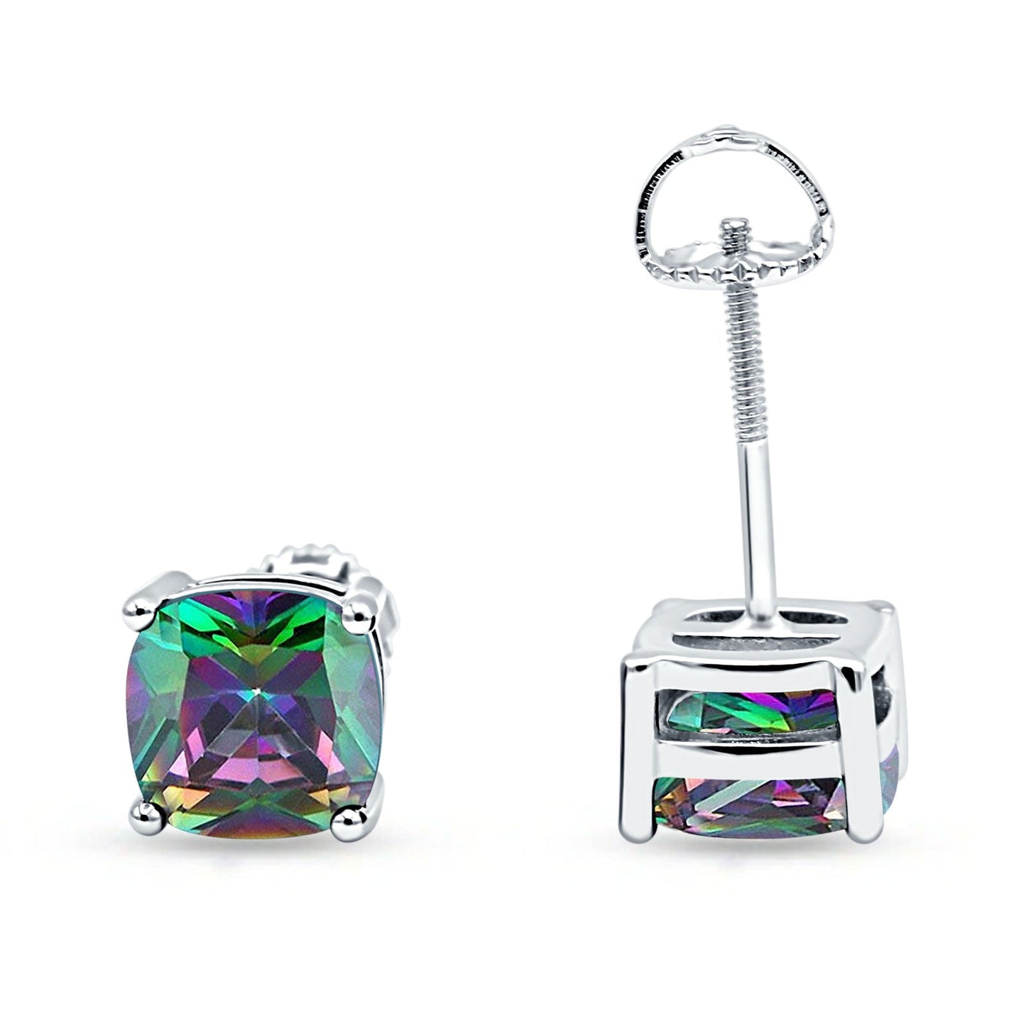 Solitaire Screw Back Stud Earring Excellent Cushion Cut Simulated Rainbow CZ