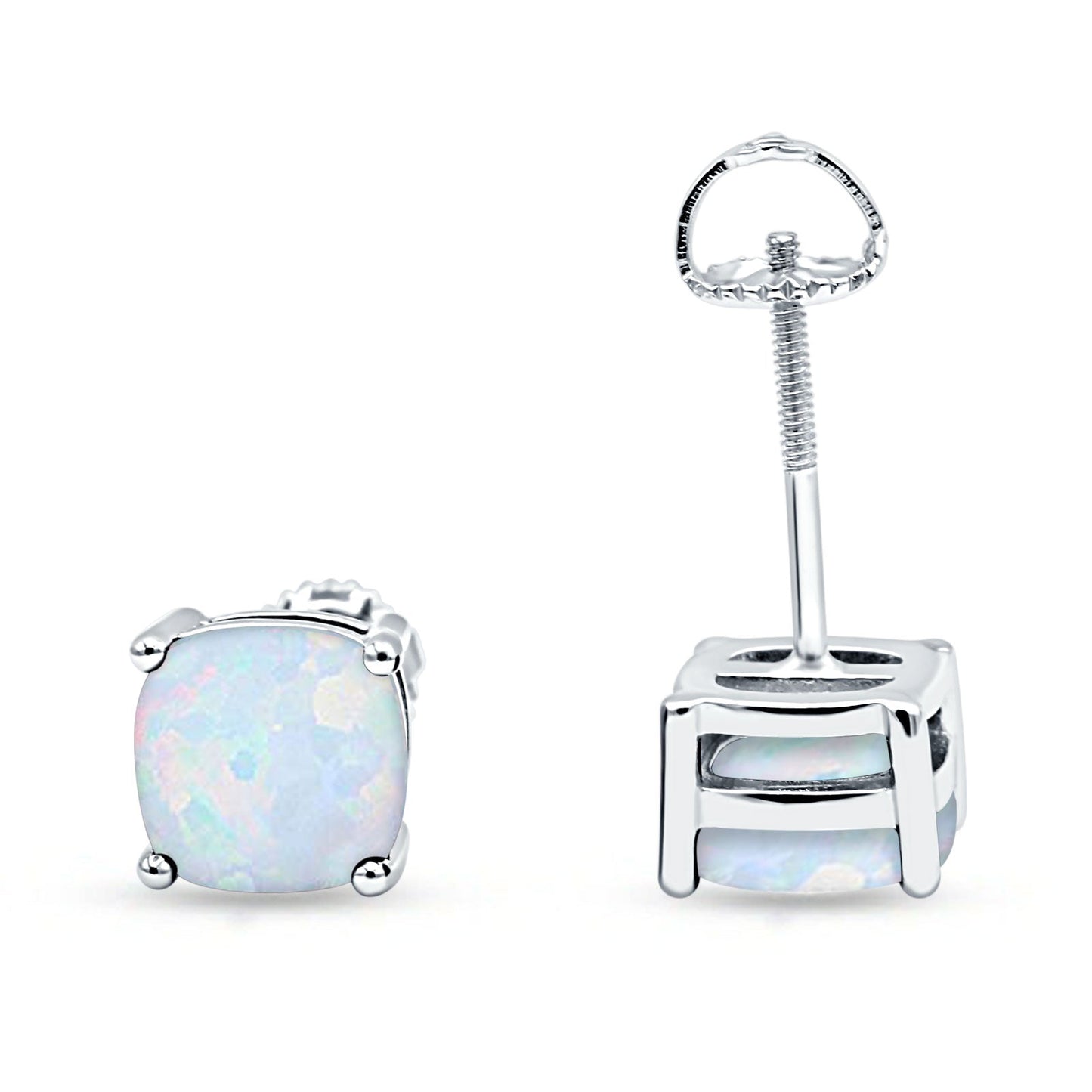 Solitaire Screw Back Stud Earring Excellent Cushion Cut Lab Created White Opal