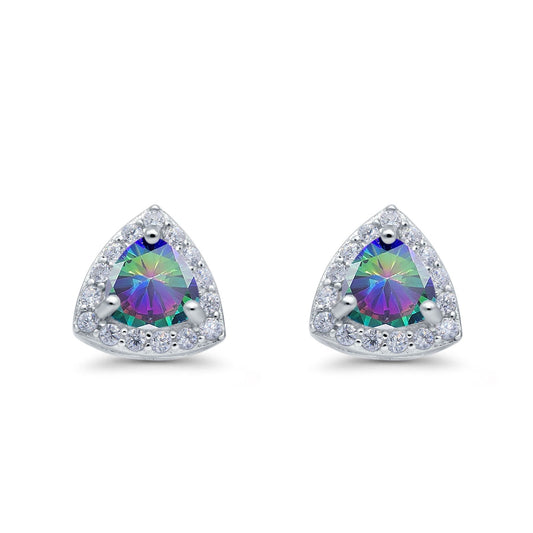 Halo Simulated Rainbow CZ Round Stud Earrings