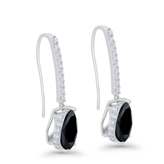 Teardrop Pear Black CZ Dangling Fish Hook Earrings