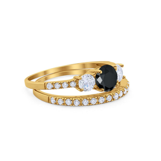 Three Stone Two Piece Bridal Round Yellow Tone, Simulated Black CZ Wedding Engagement Ring