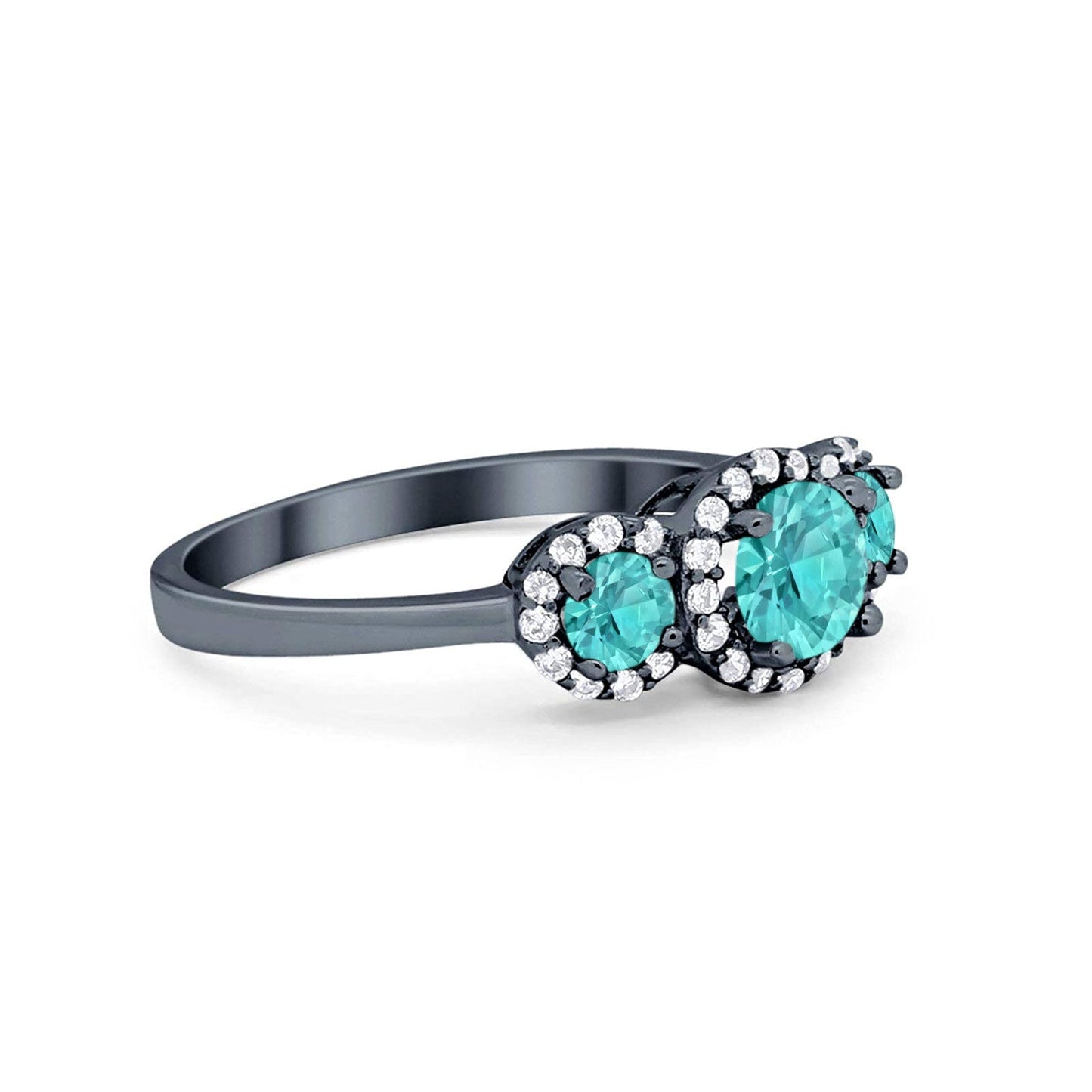 Three Stone Halo Black Tone, Simulated Paraiba Tourmaline CZ Engagement Promise Ring