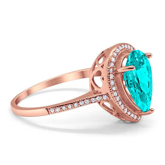 Halo Teardrop Pear Rose Tone Paraiba Tourmaline CZ Ring