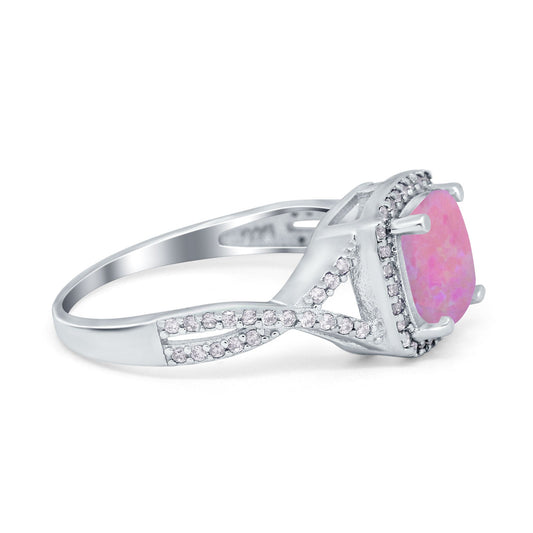 Halo Infinity Shank Engagement Ring Cushion Lab Created Pink Opal