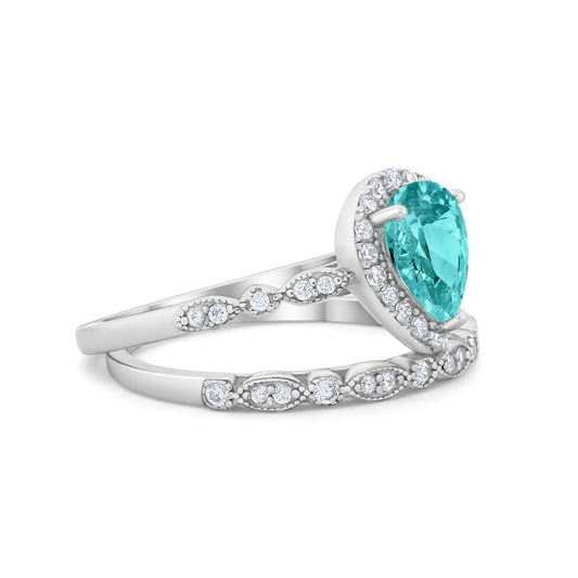 Teardrop Pear Engagement Piece Ring Band Simulated Paraiba Tourmaline CZ