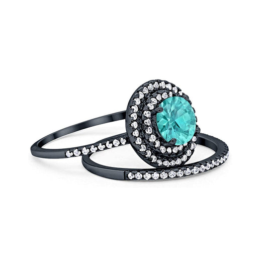 Double Halo Engagement Bridal Piece Ring Black Tone, Simulated Paraiba Tourmaline CZ