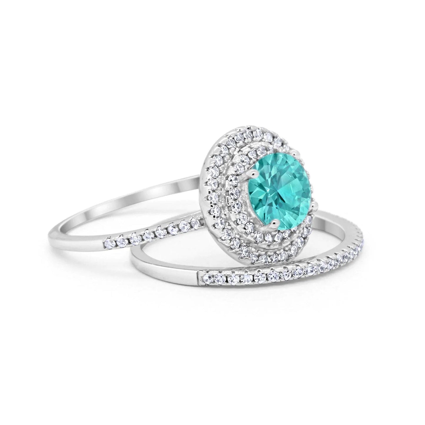 Double Halo Engagement Bridal Piece Ring Simulated Paraiba Tourmaline CZ