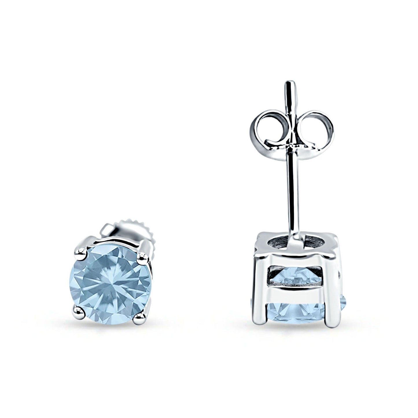 Solitaire Push Back Stud Earring Round Simulated Aquamarine