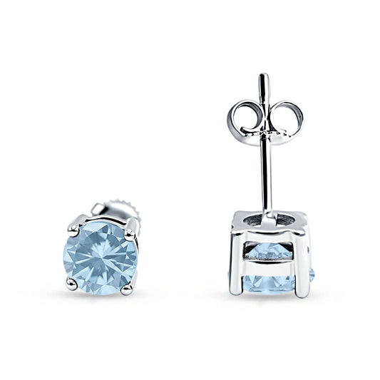 Solitaire Push Back Stud Earring Round Simulated Aquamarine