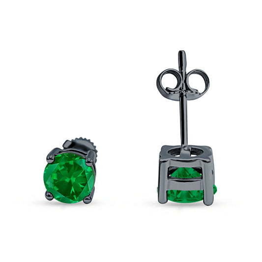 Solitaire Stud Earring Green Emerald CZ Black Tone