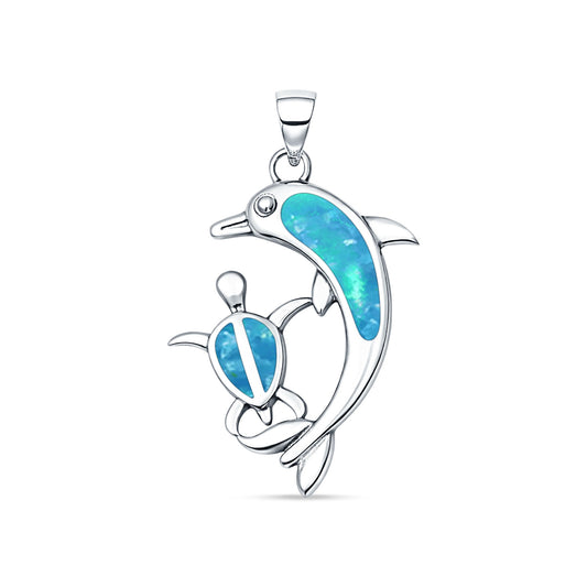 Lab Created Blue Opal Dolphin Turtle Pendant