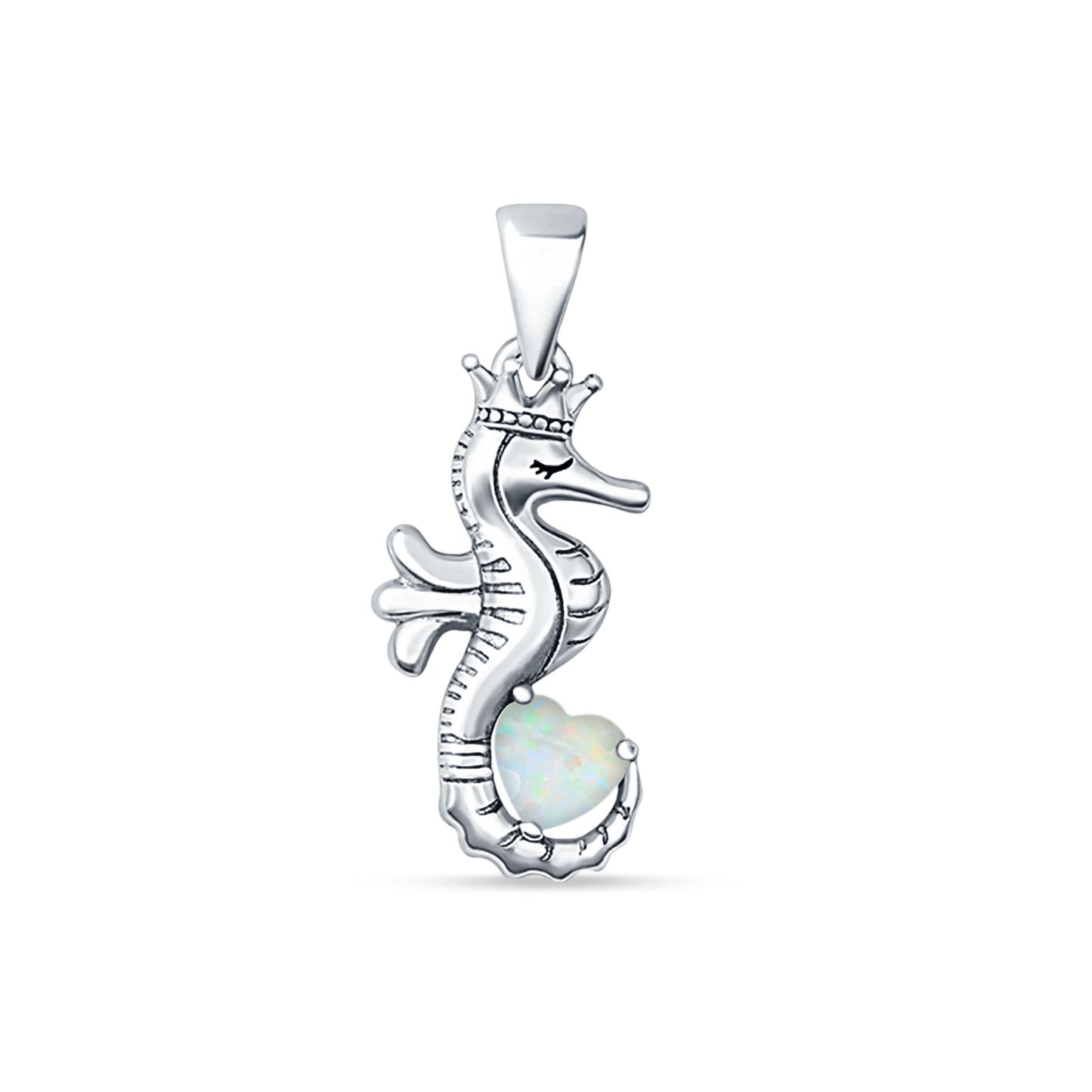 Heart Lab Created White Opal Seahorse Pendant Oxidized