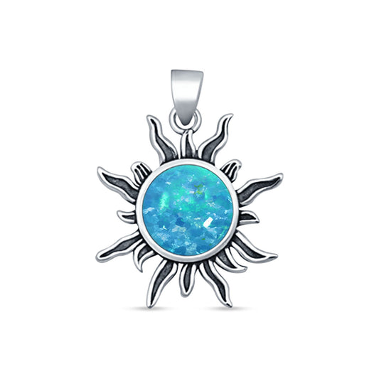 Round Lab Created Blue Opal Sun Pendant