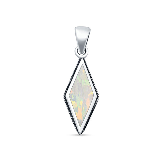 Diamond Shape Lab Created White Opal Oxidized Pendant