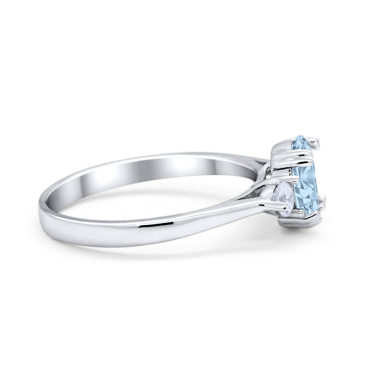 Three Stone Wedding Ring Oval Simulated Aquamarine CZ