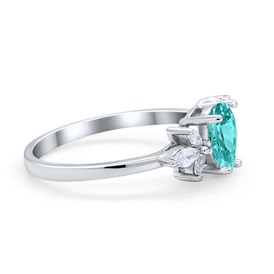 Teardrop Pear Wedding Ring Simulated Paraiba Tourmaline CZ