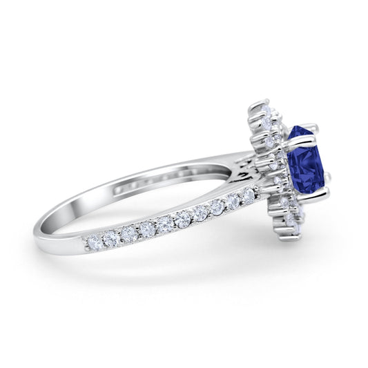 Halo Starburst Flower Wedding Ring Simulated Blue Sapphire CZ